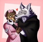 affectionate anthro arm_around_partner arm_grab arm_wrapping arm_wraps big_bad_wolf_(shrek) blush brown_body brown_fur canid canine canis caressing caressing_face cheek_tuft claws clothing death_(puss_in_boots) dreamworks duo eyes_closed facial_markings facial_tuft fluffy fur fuzzy grey_body grey_fur hat head_markings headgear headwear heart_symbol hi_res holding_another holding_partner kissing kissing_cheek looking_at_another looking_at_partner love male male/male mammal markings mask_(marking) neck_tuft night_cap nightcap nightgown one_eye_closed pink_background poncho puss_in_boots_(dreamworks) raziiyah simple_background smile standing tuft wolf wrapped_arms wraps wrist_wraps