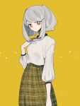  1girl blush_stickers hair_ornament hairclip hand_on_own_chest looking_at_viewer maco22 original plaid plaid_skirt shirt_tucked_in short_hair skirt smile solo twintails white_hair yellow_background yellow_eyes 
