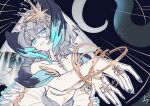  1girl aqua_eyes aqua_nails arknights bare_shoulders black_nails blue_eyes breasts chinese_commentary cleavage commentary dress grey_hair hair_ornament head_wings highres ho&#039;olheyak_(arknights) jewelry kaleka looking_at_viewer medium_hair necklace ring shawl solo white_dress wings 