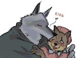 affectionate anthro big_bad_wolf_(shrek) blush brown_body brown_fur canid canine canis clothing death_(puss_in_boots) dreamworks duo eyes_closed fur fuzzy genosuh grey_body grey_fur hand_on_shoulder hat headgear headwear heart_symbol kissing kissing_cheek love male male/male mammal night_cap nightcap nightgown one_eye_closed open_mouth poncho puss_in_boots_(dreamworks) simple_background size_difference smile white_background wolf