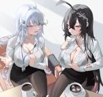  2girls absurdres black_bra black_hair blue_eyes bra bra_visible_through_clothes breasts chair cleavage coffee collared_shirt cup hair_between_eyes highres iced_coffee lanyard large_breasts mug multiple_girls office_lady on_chair original pantyhose red_eyes rima_(0136) see-through see-through_shirt shirt sitting skirt sweat unbuttoned unbuttoned_shirt underwear white_hair white_shirt 