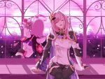  2girls absurdres black_footwear black_gloves boots breasts cleavage cleavage_cutout clothing_cutout cloud cloudy_sky elf elf_elysia elysia_(honkai_impact) elysia_(miss_pink_elf)_(honkai_impact) facing_viewer gloves hair_ornament halo highres holding holding_wand honkai_(series) honkai_impact_3rd hzulip large_breasts long_hair long_sleeves multiple_girls open_mouth pink_clouds pink_hair pointy_ears shrug_(clothing) single_glove sitting sky smile thigh_boots wand 