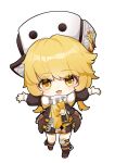  1girl absurdres alternate_hairstyle ankle_boots ankle_socks badge blonde_hair boots brown_coat brown_footwear brown_shorts chibi coat fang frilled_shirt_collar frills fur-trimmed_coat fur_hat fur_trim hair_intakes hat highres honkai:_star_rail honkai_(series) hook_(honkai:_star_rail) incoming_hug knee_pads long_hair long_sleeves looking_at_viewer low_twintails open_mouth outstretched_arms papakha puffy_long_sleeves puffy_sleeves ribbon ruochi_lk shirt shorts sidelocks simple_background single_knee_pad socks spread_arms twintails two-sided_coat two-sided_fabric walking white_background white_hat yellow_eyes yellow_ribbon yellow_shirt yellow_socks 