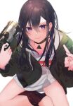  1girl apex_legends b3_wingman bangs black_footwear black_hair boots choker clothes_writing commission green_jacket gun hair_between_eyes highres holding holding_gun holding_weapon hood hoodie ichinose_uruha jacket long_hair lupinus_virtual_games purple_eyes rinto_(rint_rnt) simple_background skeb_commission smile solo v virtual_youtuber vspo! weapon white_background 