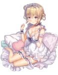  1girl :o ame_sagari animal_ears armband bare_legs bear_ears blonde_hair blush bow bow_choker bowtie braided_hair_rings breasts bridal_garter choker cleavage clenched_hand collarbone commentary double_bun dress eyelashes fingernails frilled_armband frilled_dress frilled_garter frilled_hairband frilled_wrist_cuffs frills full_body hair_bun hair_ribbon hairband heart heart-shaped_pillow high_heels highres large_breasts looking_ahead loungewear on_bed open_mouth original pillow pumps purple_bow purple_bowtie purple_choker purple_eyes purple_garter purple_ribbon purple_wrist_cuffs ribbon ribbon_legwear short_dress simple_background sitting sleeveless sleeveless_dress solo v-neck white_armband white_background white_dress white_footwear white_hairband wrist_cuffs 