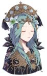  1girl black_cape cape closed_eyes closed_mouth commentary_request fire_emblem fire_emblem:_three_houses flower green_eyes green_hair hair_flower hair_ornament hat highres lips long_hair pink_lips rhea_(fire_emblem) simple_background solo white_background white_flower yachimata_1205 