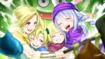  1boy 3girls animal_ears artist_name bianca_(dq5) blonde_hair blue_cape blue_eyes blue_hair blunt_bangs blurry blurry_foreground blush bow bracelet braid cape carrot_hair_ornament cloak closed_eyes commentary_request cosplay dragon_quest dragon_quest_v dress earrings family father_and_daughter father_and_son food-themed_hair_ornament gloves green_bow green_dress hair_bow hair_ornament hammerhood_(dragon_quest) hand_on_another&#039;s_arm happy happy_tears heads_together hero&#039;s_daughter_(dq5) hero&#039;s_son_(dq5) hero_(dq5) hero_(dq5)_(cosplay) hikosan hug jewelry king_cureslime light_particles long_hair looking_at_another mother_and_daughter mother_and_son multicolored_hair multiple_girls one_eye_closed open_mouth orange_cape parted_lips pink_cloak purple_cloak purple_hat rabbit_ears short_hair single_braid slime_(dragon_quest) smile sparkle spiked_hair tears teeth turban twin_braids two-tone_hair upper_body upper_teeth_only usada_pekora white_gloves white_hair 