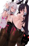  2girls animal_ears arms_up black_hair blush bow bowtie breast_press breasts detached_collar embarrassed fake_animal_ears fake_tail hand_on_another&#039;s_hip heart highres large_breasts multiple_girls original pink_eyes playboy_bunny rabbit rabbit_ears rabbit_pose rabbit_tail rima_(0136) simple_background symmetrical_docking tail white_background white_hair wrist_cuffs 