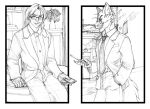 2018 anthro belt black_and_white bottomwear business_suit cheek_tuft city classy claws clothing cockiestspaniel countershade_neck countershading dress_shirt eyewear facial_tuft fully_clothed_male glasses gulonine hair hand_in_pocket holding_knife holding_object human inner_ear_fluff inside jack_salem knife leaning_on_object male mammal marten monochrome mustelid musteline necktie office office_desk outside pants pince-nez pockets sable_(marten) shirt smile standing street suit tail teeth topwear tuft whiskers