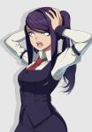  1girl absurdres black_skirt black_vest breasts buttons collared_shirt commentary constricted_pupils cowboy_shot english_commentary eremiya_(loleremiya) grey_background hands_on_own_head high_ponytail highres jill_stingray long_hair long_sleeves looking_afar medium_breasts meme necktie open_mouth purple_hair red_eyes red_necktie shirt simple_background skirt skirt_set solo surprised teeth va-11_hall-a vest yiik:_a_postmodern_rpg yiiking_out_(meme) 