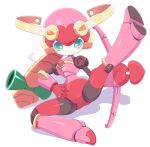  1girl blush crossover green_eyes helmet humanoid_robot leotard looking_at_viewer medarot mega_man_(series) mega_man_battle_network_(series) no_humans no_mouth nollety pink_leotard robot robot_girl roll_(mega_man) simple_background solo spread_legs white_background 