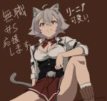  1girl ahoge animal_ear_fluff animal_ears arm_on_knee belt black_belt black_corset blue_panties breasts brown_background cat_ears cat_girl cat_tail cleavage corset eyebrows_hidden_by_hair fang feet_out_of_frame gf455045 grey_hair hair_between_eyes knee_up large_breasts mushoku_tensei panties panty_peek partially_unbuttoned ranoa_magic_academy_school_uniform red_eyes red_skirt rinia_dedoldia school_uniform shirt short_hair simple_background sitting skirt sleeves_rolled_up slit_pupils solo spread_legs tail underwear white_shirt 