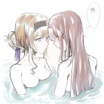  2girls bite_mark black_hairband blonde_hair blush breasts brown_hair closed_mouth commentary_request hairband hickey highres long_hair looking_at_another medium_breasts multiple_girls ninewood0628 nude parted_lips partially_submerged saijou_claudine same-sex_bathing shared_bathing shoujo_kageki_revue_starlight simple_background sweatdrop tendou_maya thought_bubble translation_request water white_background yuri 