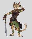  anthro armor catfolk chain claws clothing digitigrade elranno felid female fingerless_gloves fur gloves hand_behind_head handwear hasbro heterochromia leonin magic:_the_gathering mammal melee_weapon mirri_cat_warrior smile solo spots spotted_body spotted_fur sword weapon wizards_of_the_coast 
