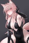  1girl absurdres alternate_costume animal_ears arknights arm_strap black_dress black_gloves blush breasts clenched_teeth commentary dress earrings elbow_gloves gloves grey_background hair_intakes hand_up highres jewelry large_breasts long_hair looking_at_viewer mildt pelvic_curtain pink_eyes pink_hair pozyomka_(arknights) sideboob simple_background sleeveless sleeveless_dress solo teeth thigh_strap very_long_hair wolf_ears 