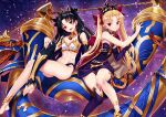  2girls arm_warmers armlet asymmetrical_legwear asymmetrical_sleeves bare_shoulders bikini black_hair blonde_hair blush bow breasts cage cloak detached_sleeves dress earrings elbow_gloves ereshkigal_(fate) fate/grand_order fate_(series) fur-trimmed_cloak fur_trim gloves hair_bow hair_ribbon heavenly_boat_maanna highres holding holding_cage hoop_earrings infinity_symbol ishtar_(fate) jewelry long_hair long_legs looking_at_viewer matsuryuu medium_breasts mismatched_bikini multiple_girls navel neck_ring open_mouth parted_bangs red_cloak red_eyes red_ribbon ribbon single_arm_warmer single_detached_sleeve single_elbow_glove single_sleeve single_thighhigh smile spine swimsuit thighhighs tiara two-sided_cloak two-sided_fabric two_side_up underworld uneven_legwear uneven_sleeves very_long_hair yellow_cloak 