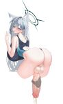  1girl 1other absurdres against_wall ahegao animal_ear_fluff animal_ears ass back_cutout blue_archive breasts clothing_cutout cropped_legs cross_hair_ornament cum disembodied_limb ejaculation erection full-package_futanari futanari grey_hair hair_ornament halo handjob highres huge_breasts huge_penis invisible_wall large_testicles open_mouth penis projectile_cum pussy rolling_eyes shiroko_(blue_archive) shiroko_(swimsuit)_(blue_archive) shiroko_terror_(blue_archive) simple_background simsim_han-u testicles tongue tongue_out two-tone_one-piece_swimsuit uncensored veins veiny_penis white_background wolf_ears 