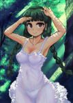  1girl black_hair braid breasts highres kaabon_meshi long_earlobes long_hair medium_breasts nightgown nipples panties red_eyes see-through solo sunlight thighhighs thighs touhou tree twin_braids underwear yatadera_narumi 