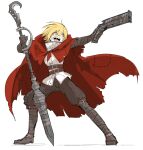  bandage_on_face bandages bandaid bandaid_on_face bandaid_on_nose belt blonde_hair cloak don_quixote_(project_moon) e.g.o_(project_moon) full_body gun holding holding_gun holding_weapon kankan33333 limbus_company little_red_riding_hooded_mercenary multiple_belts orange_eyes project_moon puffy_pants red_cloak scar scar_on_face sharp_teeth shoes short_hair smile teeth weapon weapon_request 