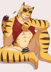 2024 5_toes abs anthro balls blep blue_eyes bottomless bottomless_anthro bottomless_male brown_body brown_fur brown_stripes clothed clothing countershade_face countershade_legs countershade_torso countershading dipstick_tail feet felid flaccid fur genitals hi_res humanoid_genitalia humanoid_penis male mammal markings morenatsu multicolored_body multicolored_fur navel one_eye_closed pantherine penis red_clothing red_shirt red_tank_top red_topwear ry_o shirt shirt_only simple_background solo striped_body striped_fur stripes tail tail_markings tan_balls tan_body tan_fur tan_penis tank_top tank_top_only tiger toes tongue tongue_out topwear topwear_only torahiko_(morenatsu) white_background yellow_body yellow_fur