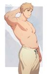  1boy bara blonde_hair brown_eyes brown_pants closed_mouth dungeon_meshi highres laios_touden large_pectorals male_focus muscular muscular_male navel nifast_(greentail) nipples pants pectorals short_hair simple_background solo topless_male twitter_username 