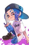  1girl backwards_hat baseball_cap black_footwear blue_hair blue_leggings closed_mouth hand_on_own_knee hat highres koike3582 leggings long_hair long_shirt octoling octoling_girl octoling_player_character on_one_knee red_eyes shirt shoes short_sleeves smile solo splatoon_(series) tentacle_hair uneven_eyes white_shirt 