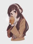  1girl blush_stickers breath brown_eyes brown_hair coat cropped_torso earmuffs fur-trimmed_gloves fur_trim gloves long_hair long_sleeves looking_at_viewer maco22 open_mouth original own_hands_together scarf snowing solo 