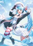  1girl aqua_eyes aqua_hair bangs blush boots buttons coat colored_tips curly_hair double-breasted dutch_angle fur_trim gloves gradient_hair hat hatsune_miku high_heels holding holding_clothes holding_hat multicolored_hair nanase_(nns_6077) open_mouth project_sekai sky smile snow standing standing_on_one_leg striped striped_legwear swept_bangs thighhighs vocaloid white_hair yuki_miku yuki_miku_(2022) 