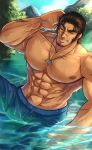  1boy abs absurdres bara blue_pants brown_hair dated day facial_hair grin highres jewelry kageru_(mofnyan) large_pectorals mature_male muscular muscular_male necklace nipples original outdoors pants pectorals scar scar_on_arm scar_on_face smile solo water wet 