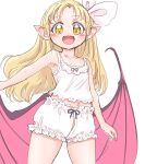  1girl bat_wings blonde_hair bloomers bow bow_bloomers bow_camisole camisole commentary_request cowboy_shot fangs hair_bow kurumi_(touhou) light_blush long_hair looking_back midriff navel open_mouth pointy_ears purple_pupils s-a-murai smile solo standing touhou touhou_(pc-98) underwear underwear_only white_background white_bloomers white_bow white_camisole wings yellow_eyes 