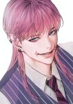  1boy blue_eyes clay0229 collared_shirt ear_piercing eyelashes from_above looking_at_viewer male_focus necktie parted_lips piercing pink_hair portrait purple_necktie purple_vest sanzu_haruchiyo scar scar_on_face shirt simple_background smirk solo striped_clothes teeth tokyo_revengers twitter_username upper_teeth_only vest white_shirt 