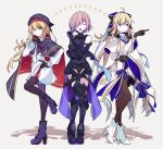  3girls absurdres ahoge armor armored_dress armored_leotard artoria_caster_(fate) artoria_caster_(second_ascension)_(fate) artoria_pendragon_(fate) black_bow black_fur black_gloves blonde_hair blue_cape blue_cloak blue_eyes blue_ribbon blush bow breasts cape capelet cloak dress elbow_gloves fate/grand_order fate_(series) fur-trimmed_cloak fur-trimmed_gloves fur_trim gloves green_eyes hair_between_eyes hair_bow hair_over_one_eye hat highres kujiramaru large_breasts long_fall_boots long_hair long_sleeves looking_at_viewer mash_kyrielight multicolored_cape multicolored_capelet multicolored_cloak multicolored_clothes multiple_girls open_mouth ornament pantyhose ponytail purple_eyes purple_gloves purple_hair ribbon short_hair simple_background smile spiked_armor striped_belt thighhighs tonelico_(fate) tonelico_(second_ascension)_(fate) twintails two-sided_bow two-tone_capelet two-tone_sleeves white_cape white_cloak 