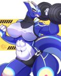 abs anthro athletic athletic_female athletic_wear barbell big_breasts blue_body bottomwear bra breasts clothed clothing digital_media_(artwork) eyelashes eyeshadow fan_character female furrymon generation_2_pokemon gym_bottomwear gym_shorts hi_res legendary_pokemon looking_at_viewer lugia makeup muscular muscular_anthro muscular_female nintendo nipples open_mouth pokemon pokemon_(species) rudytheshark shorts simple_background smile solo sports_bra sportswear tail thick_thighs training_bra underwear wide_hips