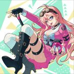  1girl :p ahoge antenna_hair blonde_hair blue_eyes blush breasts choker cleavage danganronpa_(series) danganronpa_v3:_killing_harmony ewa_(seraphhuiyu) explosive fingerless_gloves gloves goggles goggles_on_head grenade hair_between_eyes highres holding holding_grenade iruma_miu large_breasts long_hair long_sleeves looking_at_viewer mouse_print niko_niko_happy open_mouth school_uniform shirt skirt smile solo tongue tongue_out 