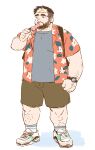  1boy bara beard belly eating facial_hair full_beard full_body hand_hair hawaiian_shirt highres male_focus multicolored_hair muscular muscular_male original penis-shaped_food plump sexually_suggestive shirt shoes short_hair short_shorts shorts sneakers solo sparse_arm_hair sparse_leg_hair standing streaked_hair suv_(suv032) thick_eyebrows unfinished white_hair 
