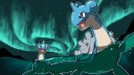  aurora black_eyes blacknirrow bright_pupils highres horns lapras night no_humans open_mouth outdoors partially_submerged pokemon pokemon_(creature) single_horn smile star_(sky) water white_pupils 