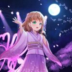  1girl :d absurdres blush brown_hair cherry_blossoms crossed_bangs falling_petals full_moon green_eyes hands_up highres hinoshita_kaho holding holding_microphone japanese_clothes kimono lace-trimmed_sash link!_like!_love_live! love_live! medium_hair microphone moon motion_blur music night night_sky open_mouth petals pink_kimono pink_sash pink_skirt sash side_ahoge singing skirt sky smile solo stage_lights upper_body virtual_youtuber yutuki_ame 