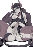  1boy abs absurdres animal_ears anus ass bara beard belt black_hair blush bulge censored cow_ears crotchless crotchless_pants erection facial_hair greyscale highres horns huge_ass jacket lactation large_pectorals leather leather_belt leather_underwear male_focus male_swimwear manly mature_male monochrome mosaic_censoring muscular muscular_male nipples open_clothes open_jacket open_mouth original pants pectorals penis puffy_nipples scarf short_hair simple_background spiked_hair spread_legs sweat sweatdrop swim_briefs tail teeth testicles thick_eyebrows thick_thighs thighs tongue white_background yomotsuki_road zipper 