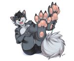 2022 anthro black_hair bulge canid canine claws clothed clothing elemental_creature feet firedog foot_fetish foot_focus fur grey_body grey_fur hair hand_tattoo heel_pad hi_res invalid_tag male mammal open_mouth orange_eyes pawpads paws pink_pawpads plantigrade razor_(razim) razor_the_firedog stripes t-fruit tail toe_claws underwear underwear_only