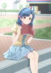  1girl absurdres asymmetrical_bangs blue_hair blue_shirt blue_skirt blurry blurry_background blush book bow braid closed_mouth day dress_shirt feet_out_of_frame green_eyes hair_bow highres holding holding_book idolmaster idolmaster_million_live! idolmaster_million_live!_theater_days jacket looking_at_viewer miniskirt nanao_yuriko open_clothes open_jacket outdoors pleated_skirt shirt short_hair short_sleeves single_braid sitting skirt smile solo yellow_jacket yukipo_p_(ss900yellowducati) 