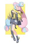  1girl absurdres bare_shoulders blue_hair blush bow-shaped_hair grey_pantyhose grey_shirt highres huanxiang_huifeng iono_(pokemon) jacket light_blue_hair long_hair multicolored_hair off-shoulder_jacket off_shoulder pantyhose pink_eyes pink_hair pokemon pokemon_sv shirt single_leg_pantyhose sleeves_past_fingers sleeves_past_wrists solo tears twintails two-tone_hair very_long_hair very_long_sleeves wide_sleeves yellow_background yellow_jacket 