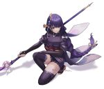  1girl blunt_bangs braid closed_mouth genshin_impact hair_ornament hair_ribbon highres holding holding_polearm holding_weapon japanese_clothes long_hair looking_to_the_side mano_(m1n0f2e1) mole mole_under_eye on_one_knee polearm purple_eyes purple_hair raiden_shogun ribbon simple_background single_braid solo thighs tomoe_(symbol) twitter_username weapon white_background 