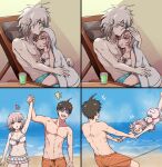  1girl 2boys :d :o ahoge animal_bag arm_up bikini breasts brown_hair cat_bag danganronpa_(series) danganronpa_2:_goodbye_despair day green_male_swimwear grey_bikini grey_hair grey_jacket happy highres hinata_hajime hug jacket kiss kissing_forehead kmnm_1403 large_breasts layered_bikini male_swimwear medium_hair mole mole_on_breast multiple_boys nanami_chiaki navel nose_bubble notice_lines orange_male_swimwear outdoors pink_bag pink_hair short_hair sitting sleeping smile stomach sunglasses swimsuit swinging teeth topless upper_teeth_only 