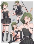  ! 1girl :q arm_strap armlet bare_shoulders belt black_belt black_choker black_dress black_gloves breasts choker dress eitopondo full_body gloves green_hair hair_between_eyes highres holding holding_staff long_hair looking_at_viewer mage_staff multiple_views notice_lines o-ring o-ring_choker pleated_dress purple_eyes side_ponytail single_glove sitting smile sousou_no_frieren staff standing suspenders_hanging thigh_strap tongue tongue_out ubel_(sousou_no_frieren) 