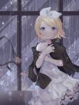  1girl black_shirt blonde_hair blue_eyes blurry bow burnt_clothes clothes_grab clothes_pull collarbone crying crying_with_eyes_open depth_of_field dress flat_chest frilled_dress frills hair_bow hair_ornament hairclip highres kagamine_rin looking_at_viewer open_clothes open_shirt rain sad sazanami_(ripple1996) shirt shirt_on_shoulders shirt_pull short_hair solo spaghetti_strap tears vocaloid water_drop white_dress window 