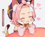  1girl affection_meter animal_ear_fluff animal_ears blush cat_ears cat_tail closed_eyes detached_sleeves diona_(genshin_impact) disembodied_limb elbow_rest fang forehead genshin_impact gloves hand_on_own_cheek hand_on_own_face hat head_rest heart nikomi open_mouth petting pink_hair pink_shirt pink_sleeves shirt short_hair sitting smile solo table tail topknot white_gloves 
