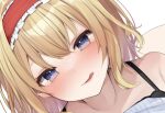  1girl alice_margatroid black_bra blonde_hair blue_eyes bra closed_mouth commentary_request frilled_hairband frills hairband karasusou_nano lolita_hairband medium_hair red_hairband smile solo tongue tongue_out touhou underwear 