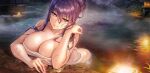  1girl akiyama_rinko aoi_nagisa_(metalder) bathing breasts covering highres large_breasts long_hair looking_at_viewer naked_towel non-web_source nude_cover onsen purple_eyes purple_hair steam taimanin_(series) taimanin_asagi taimanin_rpgx taimanin_yukikaze towel water wet 