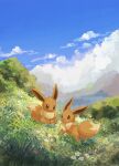  animal_focus blue_sky brown_fur cloud cloudy_sky day eevee flower grass highres looking_at_another no_humans on_grass open_mouth pokemon pokemon_(creature) sitting sky smile volpecorvo 