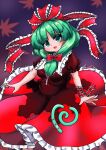  1girl arm_ribbon bow dress frilled_bow frilled_dress frilled_ribbon frills front_ponytail fuuren_udon green_eyes green_hair hair_bow hair_ribbon kagiyama_hina looking_at_viewer puffy_short_sleeves puffy_sleeves red_bow red_dress red_ribbon ribbon short_sleeves smile solo touhou 